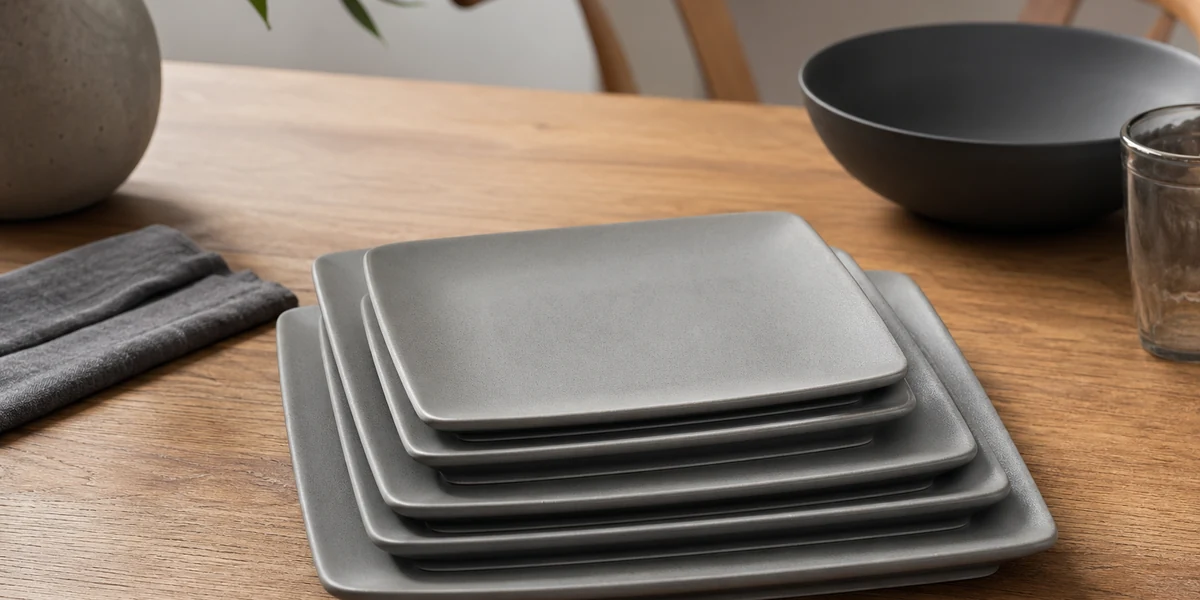 Assiettes carrées grises mate Excelsa sur table bois