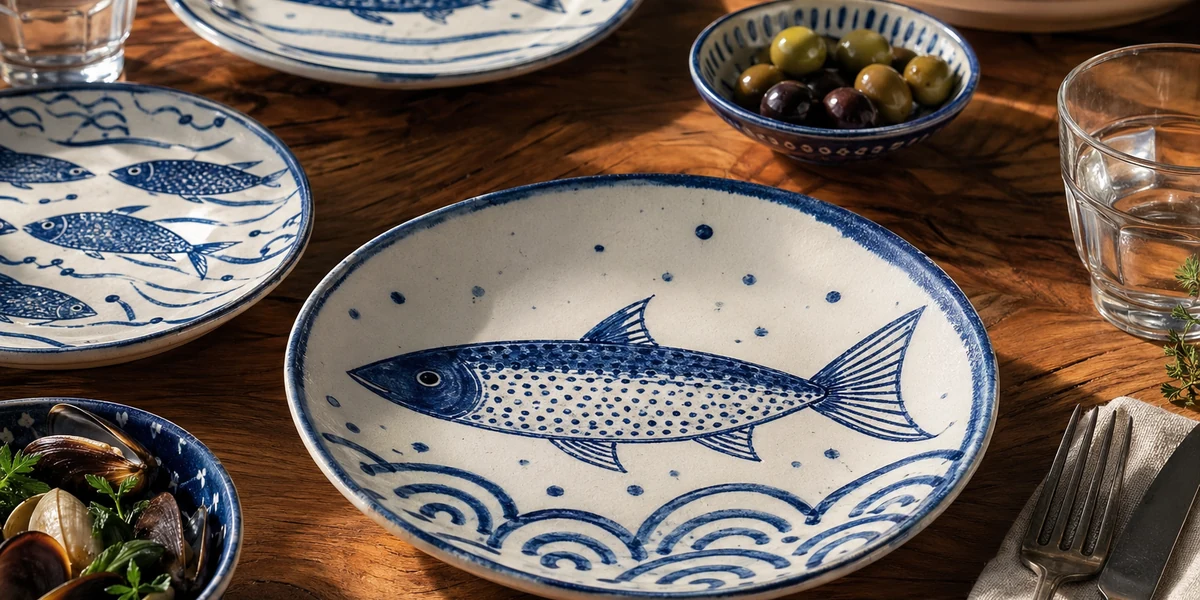 Assiettes Excelsa décor poissons bleus