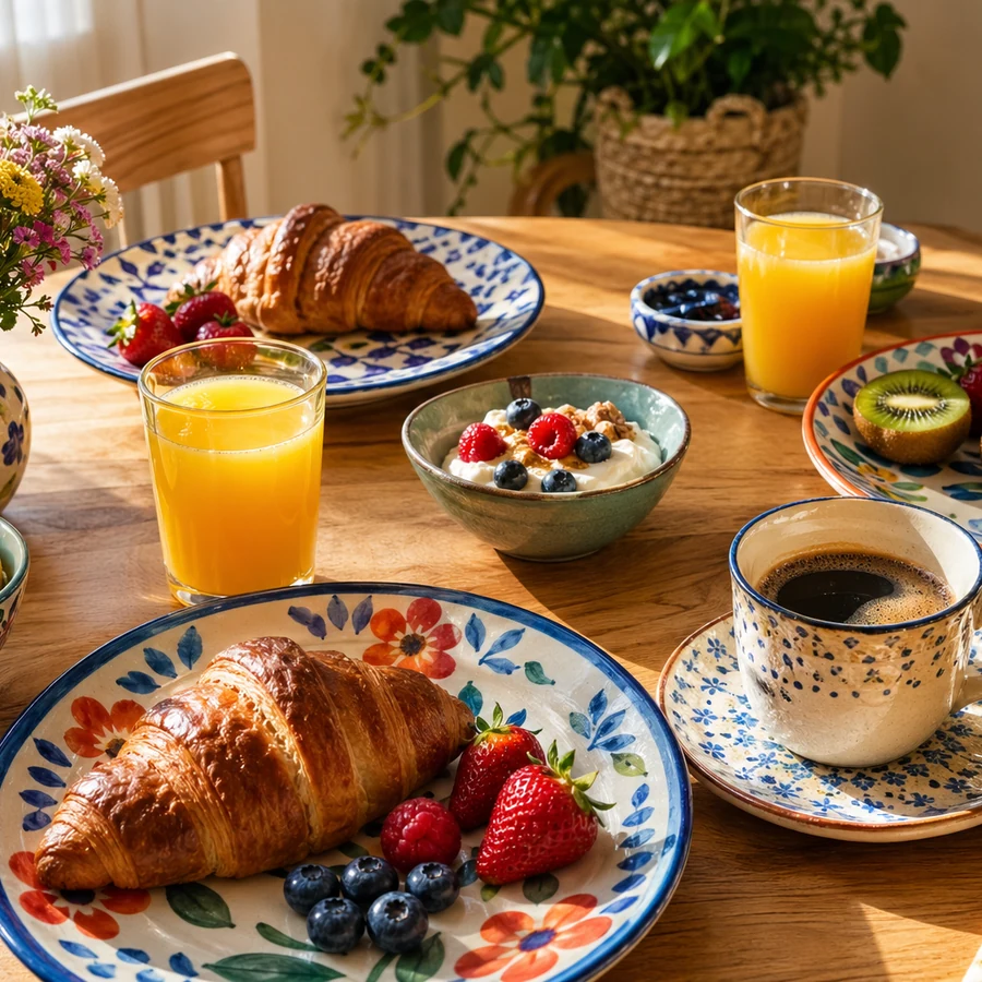 Table dressée petit-déjeuner vaisselle colorée
