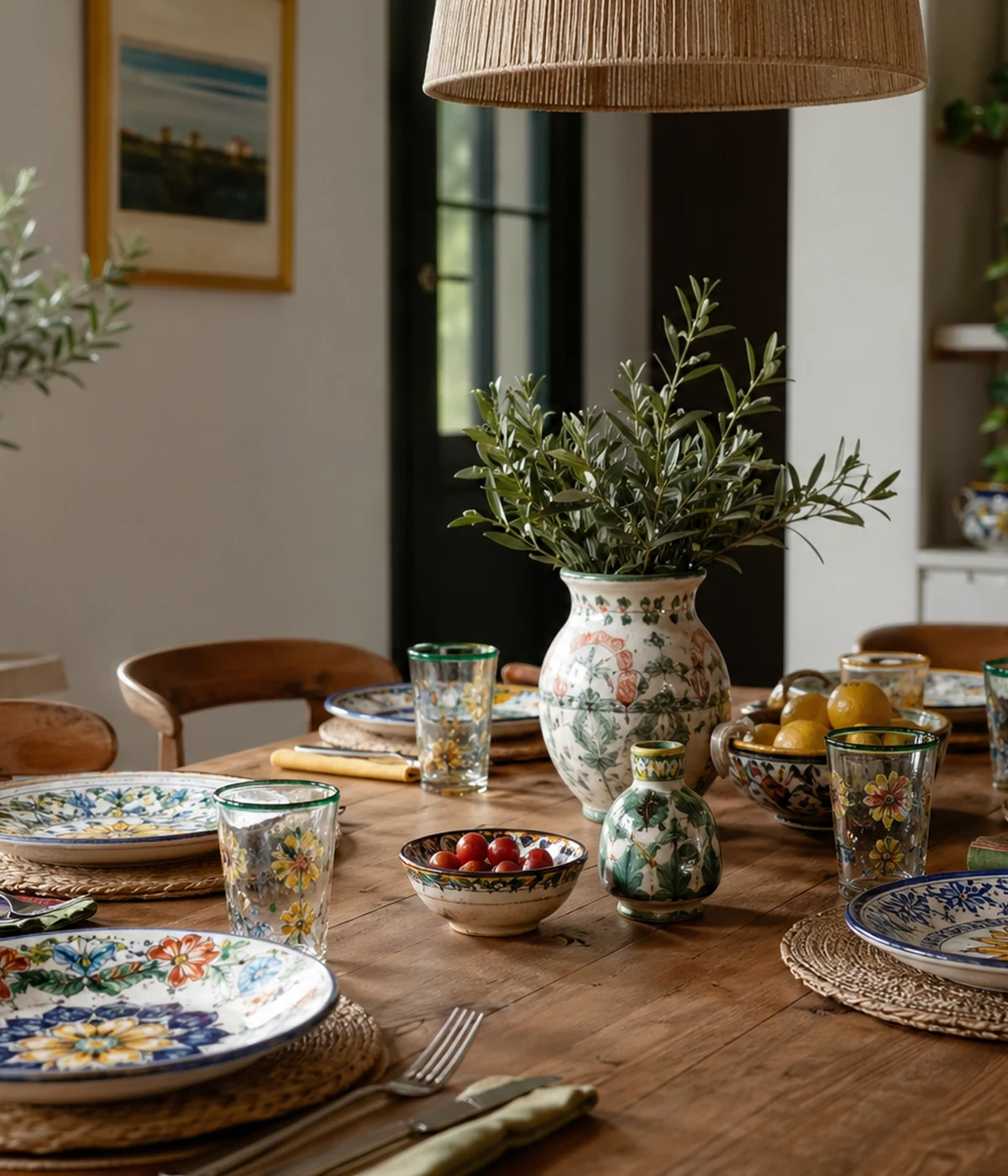 Salle à manger avec vaisselle colorée disposée sur table bois